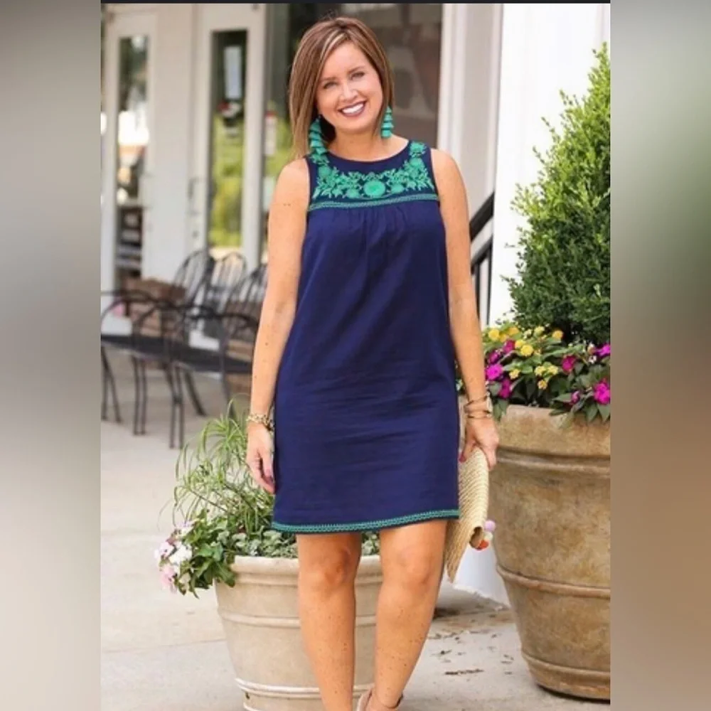 J. Crew Blue and Green Embroidered Linen Blend Sleeveless Sundress, Size Small